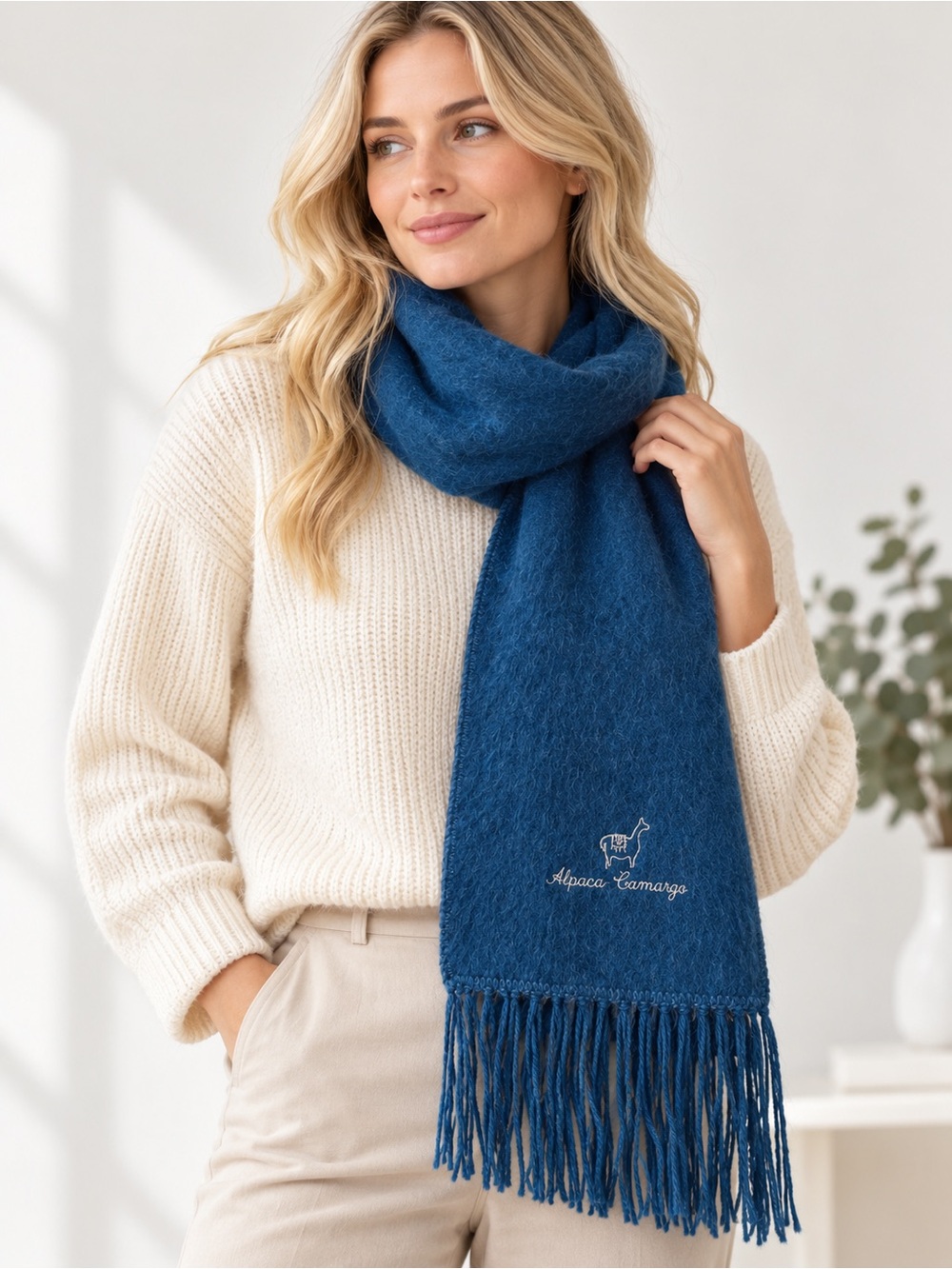 Alpaca Camargo Deep Blue Alpaca Wool Fringe Scarf